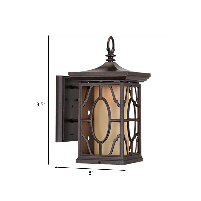 Metal Dark Coffee Sconce Light Lantern 1 Head Rural Wall Lamp with Inner Frosted Glass Shade Clearhalo 'Wall Lamps & Sconces' 'Wall Lights' Lighting' 819907