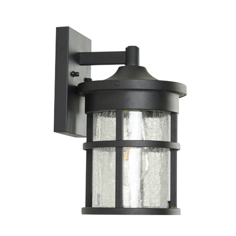 Crackle Glass Black Sconce Lamp Cylindrical 1 Bulb Countryside Wall Lighting with Metal Frame Clearhalo 'Wall Lamps & Sconces' 'Wall Lights' Lighting' 819910