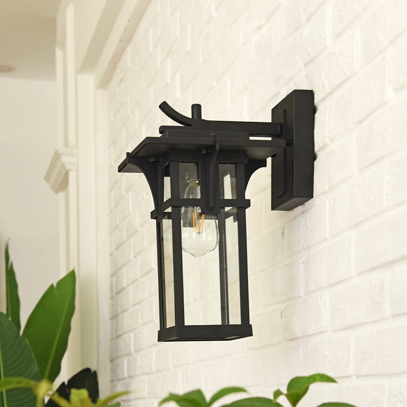 Retro Lantern Wall Lighting Fixture 1 Light Clear Water Glass Wall Sconce Light in Bronze/Black for Outdoor Black Clearhalo 'Wall Lamps & Sconces' 'Wall Lights' Lighting' 819924