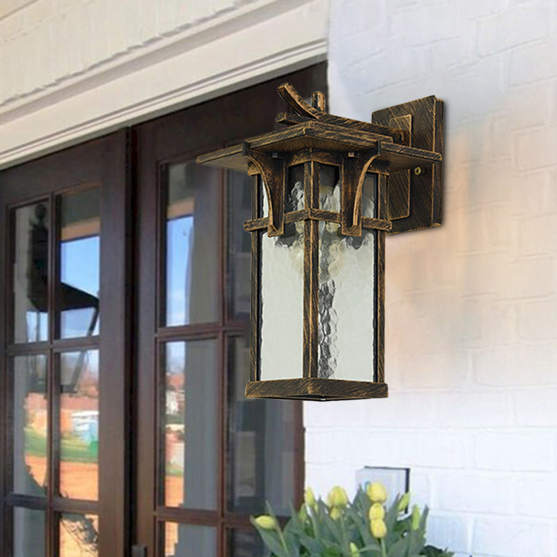 Retro Lantern Wall Lighting Fixture 1 Light Clear Water Glass Wall Sconce Light in Bronze/Black for Outdoor Clearhalo 'Wall Lamps & Sconces' 'Wall Lights' Lighting' 819930