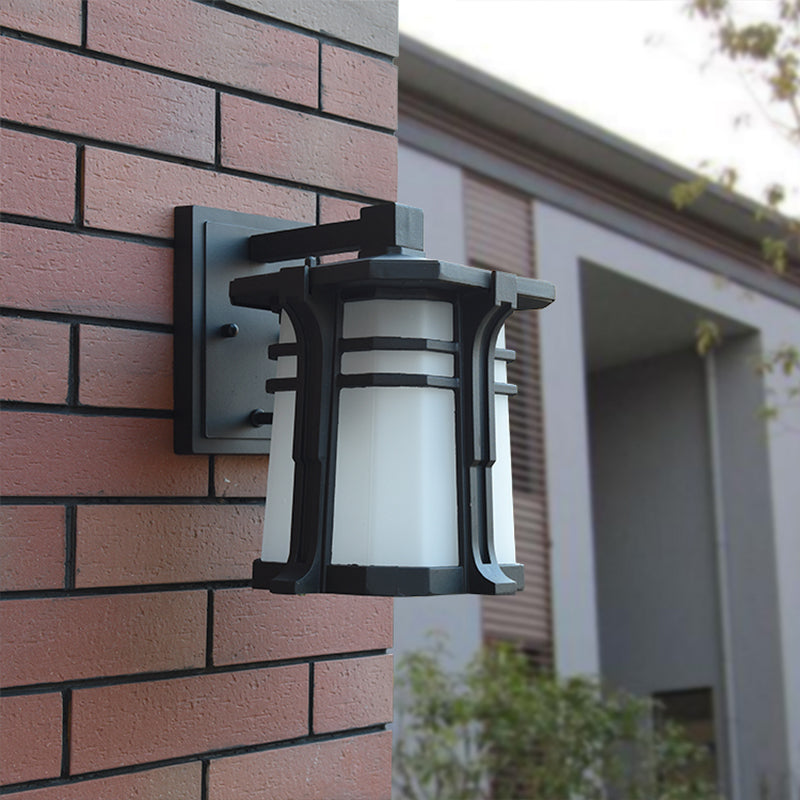 Bronze/Black Lantern Wall Light Lodge Opal Frosted Glass Single Bulb Outdoor Wall Lighting Fixture Black Clearhalo 'Wall Lamps & Sconces' 'Wall Lights' Lighting' 819940