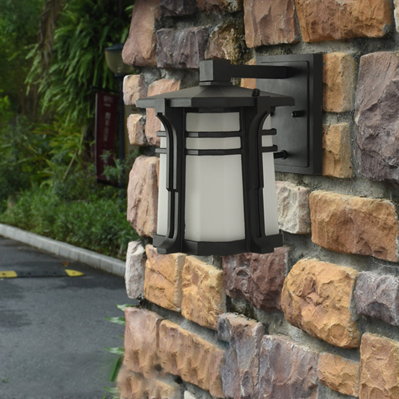 Bronze/Black Lantern Wall Light Lodge Opal Frosted Glass Single Bulb Outdoor Wall Lighting Fixture Clearhalo 'Wall Lamps & Sconces' 'Wall Lights' Lighting' 819941