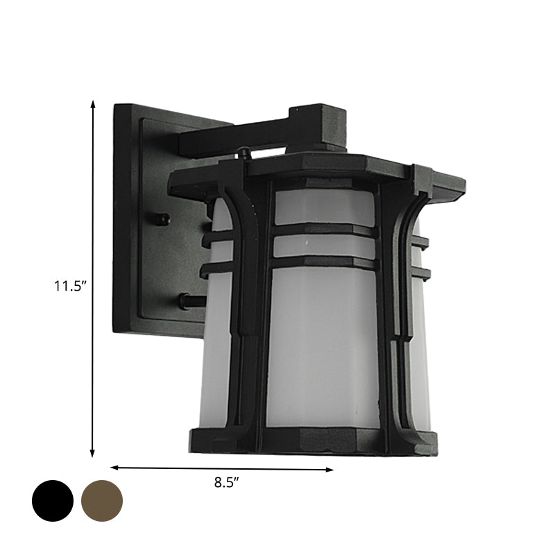 Bronze/Black Lantern Wall Light Lodge Opal Frosted Glass Single Bulb Outdoor Wall Lighting Fixture Clearhalo 'Wall Lamps & Sconces' 'Wall Lights' Lighting' 819943