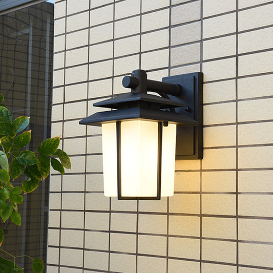 White Glass Lantern Wall Sconce Lodge 1-Bulb Courtyard Wall Lighting Fixture in Bronze/Black Clearhalo 'Wall Lamps & Sconces' 'Wall Lights' Lighting' 819959