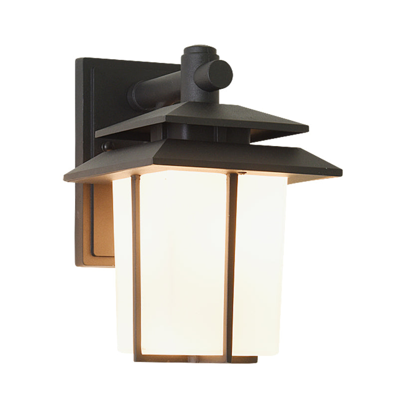 White Glass Lantern Wall Sconce Lodge 1-Bulb Courtyard Wall Lighting Fixture in Bronze/Black Clearhalo 'Wall Lamps & Sconces' 'Wall Lights' Lighting' 819960