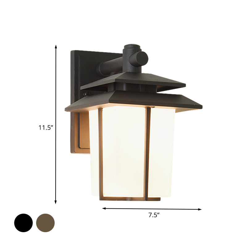 White Glass Lantern Wall Sconce Lodge 1-Bulb Courtyard Wall Lighting Fixture in Bronze/Black Clearhalo 'Wall Lamps & Sconces' 'Wall Lights' Lighting' 819961