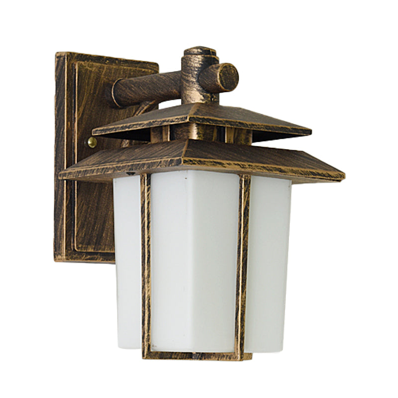 White Glass Lantern Wall Sconce Lodge 1-Bulb Courtyard Wall Lighting Fixture in Bronze/Black Clearhalo 'Wall Lamps & Sconces' 'Wall Lights' Lighting' 819965