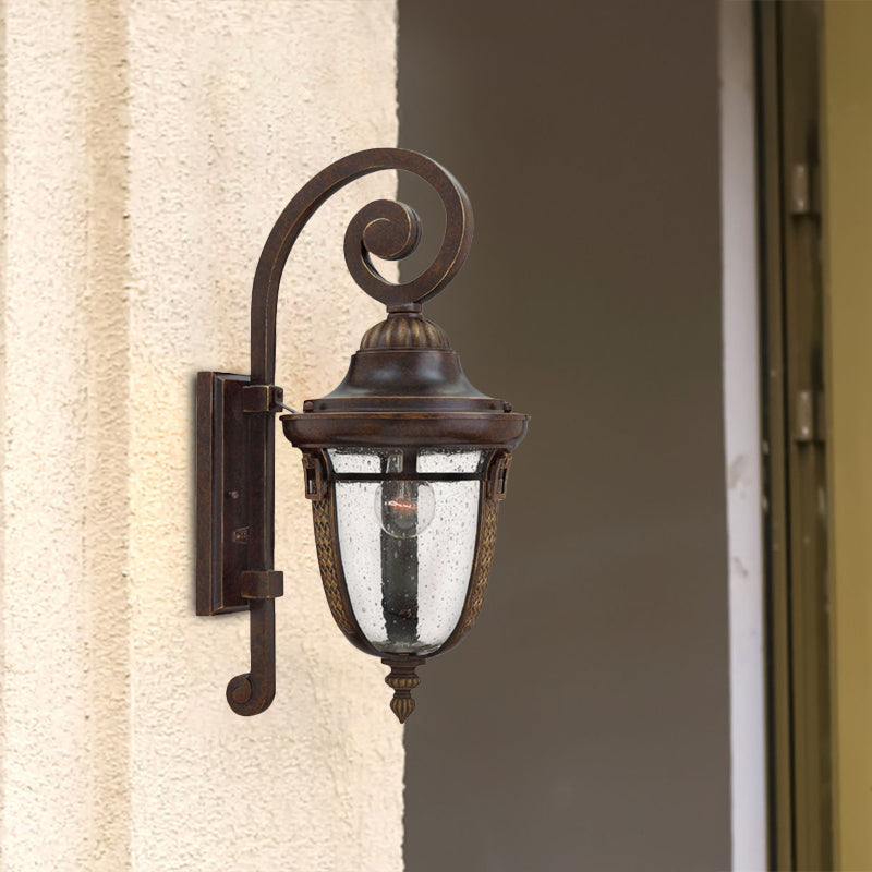 Scrolling Arm Metal Wall Lamp Rustic 1 Light Outdoor Sconce in Bronze with Seedy Glass Shade Bronze Clearhalo 'Wall Lamps & Sconces' 'Wall Lights' Lighting' 819984