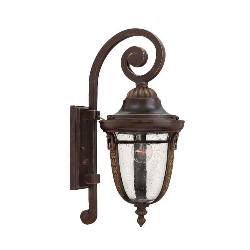 Scrolling Arm Metal Wall Lamp Rustic 1 Light Outdoor Sconce in Bronze with Seedy Glass Shade Clearhalo 'Wall Lamps & Sconces' 'Wall Lights' Lighting' 819985