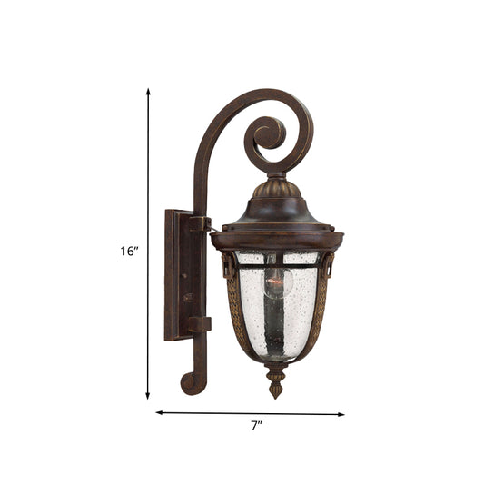 Scrolling Arm Metal Wall Lamp Rustic 1 Light Outdoor Sconce in Bronze with Seedy Glass Shade Clearhalo 'Wall Lamps & Sconces' 'Wall Lights' Lighting' 819987