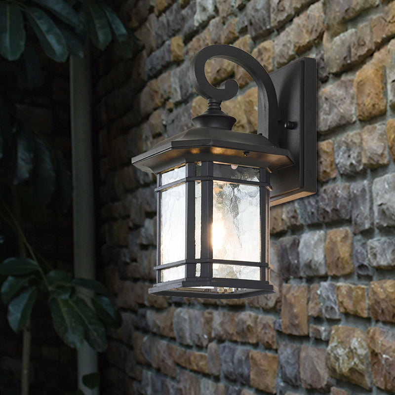 Bronze Curvy Arm Wall Lighting Countryside Clear Ripple Glass Single Head Outdoor Sconce Black Clearhalo 'Wall Lamps & Sconces' 'Wall Lights' Lighting' 820014