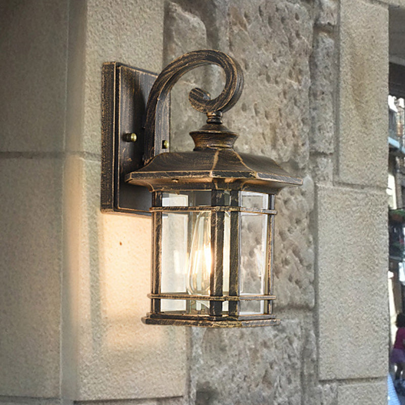 Bronze Curvy Arm Wall Lighting Countryside Clear Ripple Glass Single Head Outdoor Sconce Bronze Clearhalo 'Wall Lamps & Sconces' 'Wall Lights' Lighting' 820018