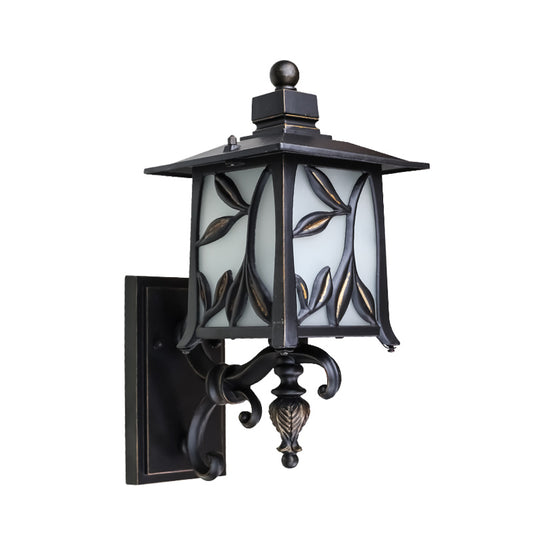 Opal Glass Black Sconce Shade Lantern 1 Bulb Countryside Wall Lighting with Leaf Design Clearhalo 'Wall Lamps & Sconces' 'Wall Lights' Lighting' 820030