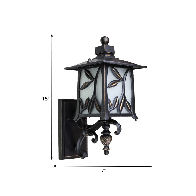 Opal Glass Black Sconce Shade Lantern 1 Bulb Countryside Wall Lighting with Leaf Design Clearhalo 'Wall Lamps & Sconces' 'Wall Lights' Lighting' 820031