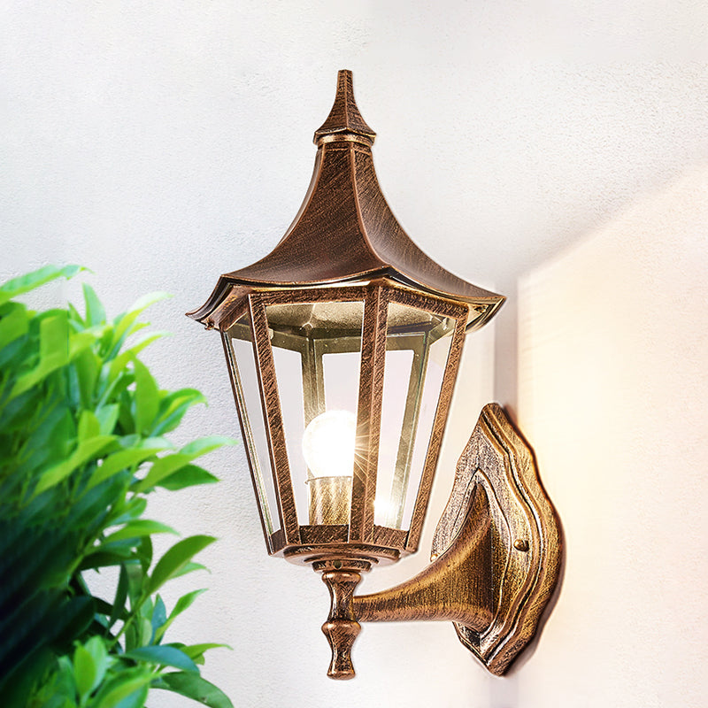 Clear Glass Pavilion Wall Sconce Retro 1 Light Courtyard Wall Lighting Fixture in Bronze Bronze Clearhalo 'Wall Lamps & Sconces' 'Wall Lights' Lighting' 820050