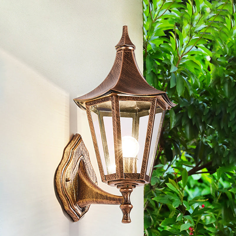 Clear Glass Pavilion Wall Sconce Retro 1 Light Courtyard Wall Lighting Fixture in Bronze Clearhalo 'Wall Lamps & Sconces' 'Wall Lights' Lighting' 820051