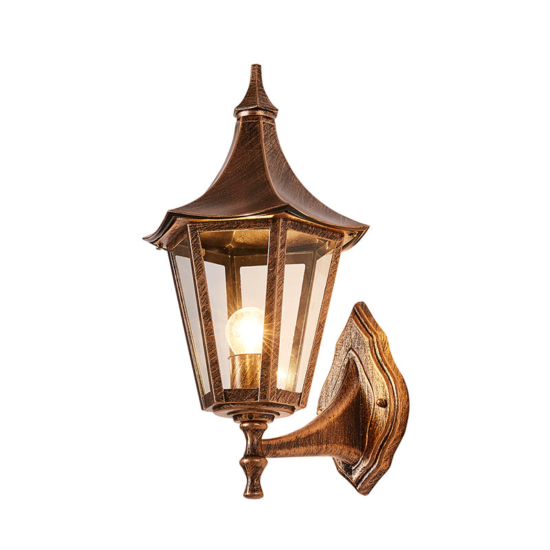 Clear Glass Pavilion Wall Sconce Retro 1 Light Courtyard Wall Lighting Fixture in Bronze Clearhalo 'Wall Lamps & Sconces' 'Wall Lights' Lighting' 820052