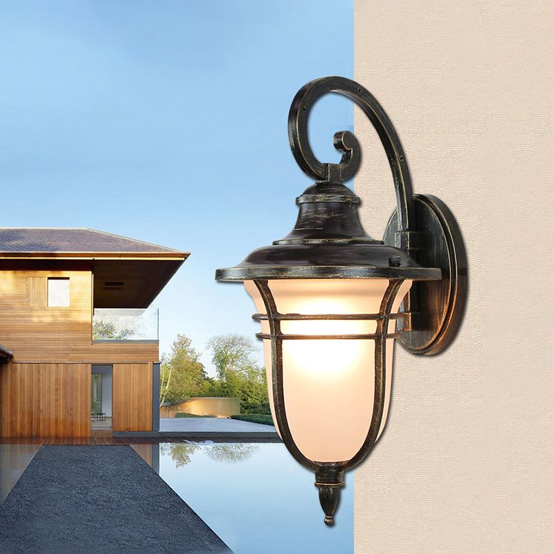 Swooping Arm Outdoor Sconce Light Countryside Cream Glass 1-Head Black Wall Lamp Black Clearhalo 'Wall Lamps & Sconces' 'Wall Lights' Lighting' 820074