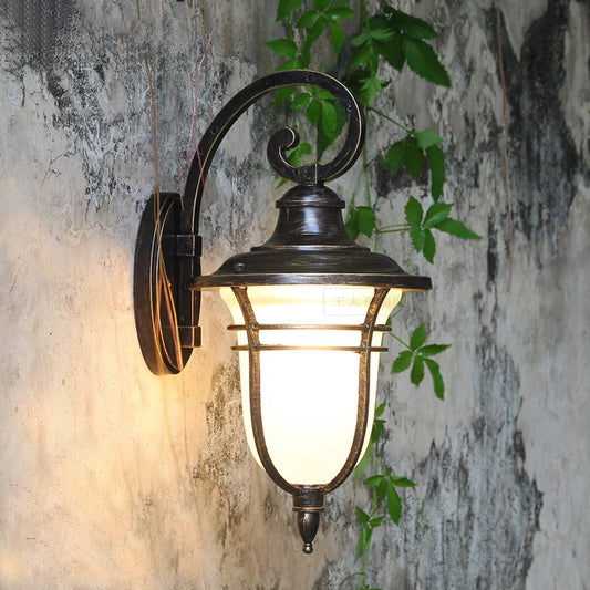 Swooping Arm Outdoor Sconce Light Countryside Cream Glass 1-Head Black Wall Lamp Clearhalo 'Wall Lamps & Sconces' 'Wall Lights' Lighting' 820075