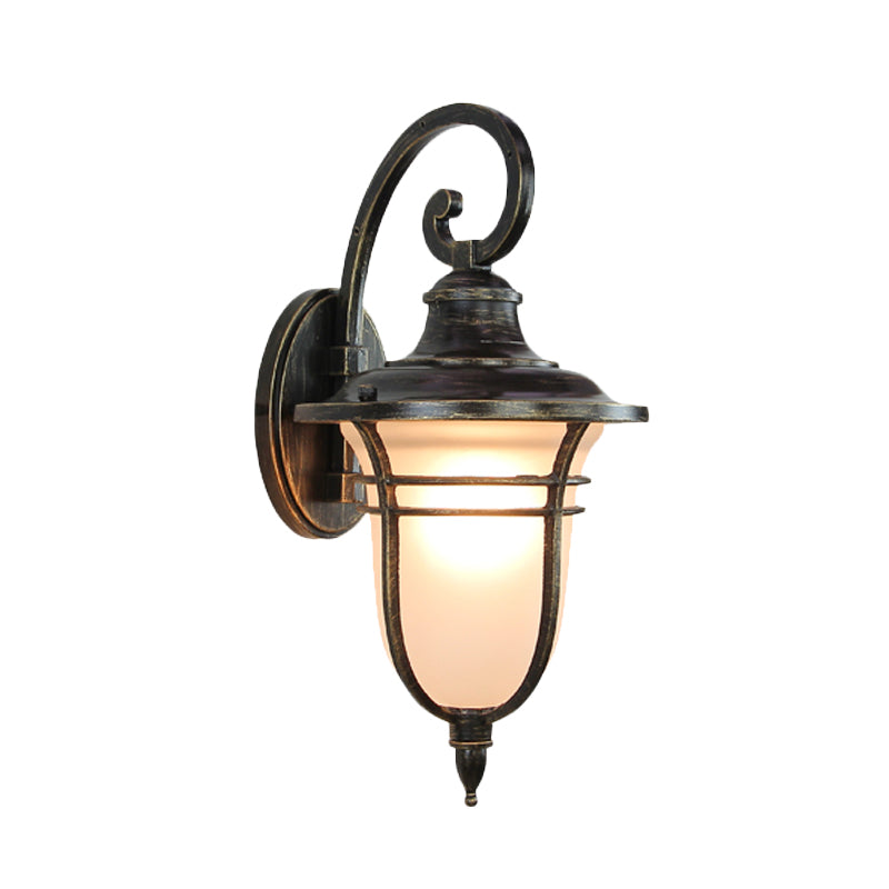 Swooping Arm Outdoor Sconce Light Countryside Cream Glass 1-Head Black Wall Lamp Clearhalo 'Wall Lamps & Sconces' 'Wall Lights' Lighting' 820076