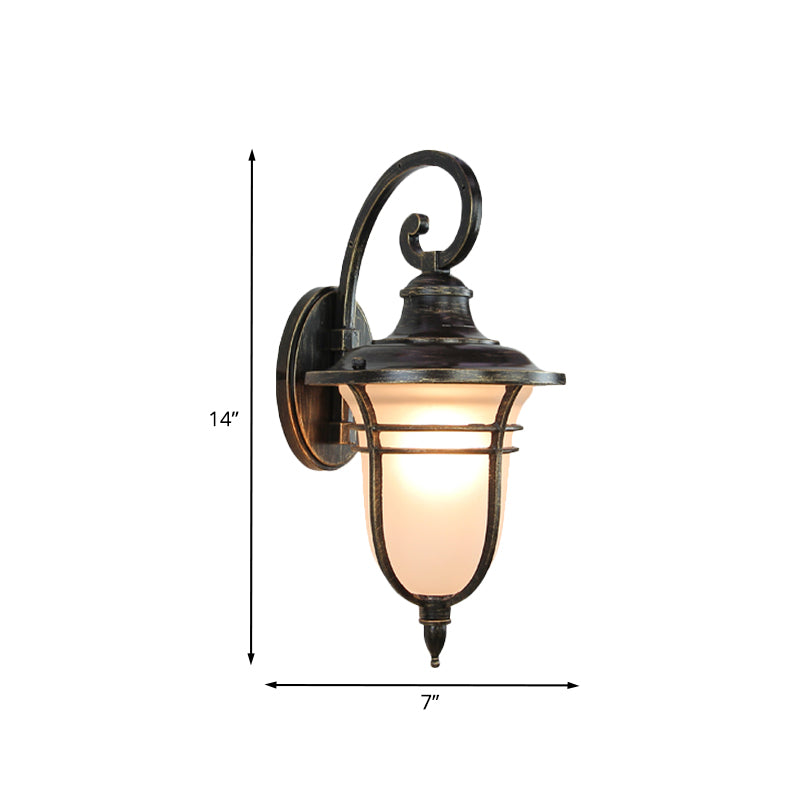 Swooping Arm Outdoor Sconce Light Countryside Cream Glass 1-Head Black Wall Lamp Clearhalo 'Wall Lamps & Sconces' 'Wall Lights' Lighting' 820077