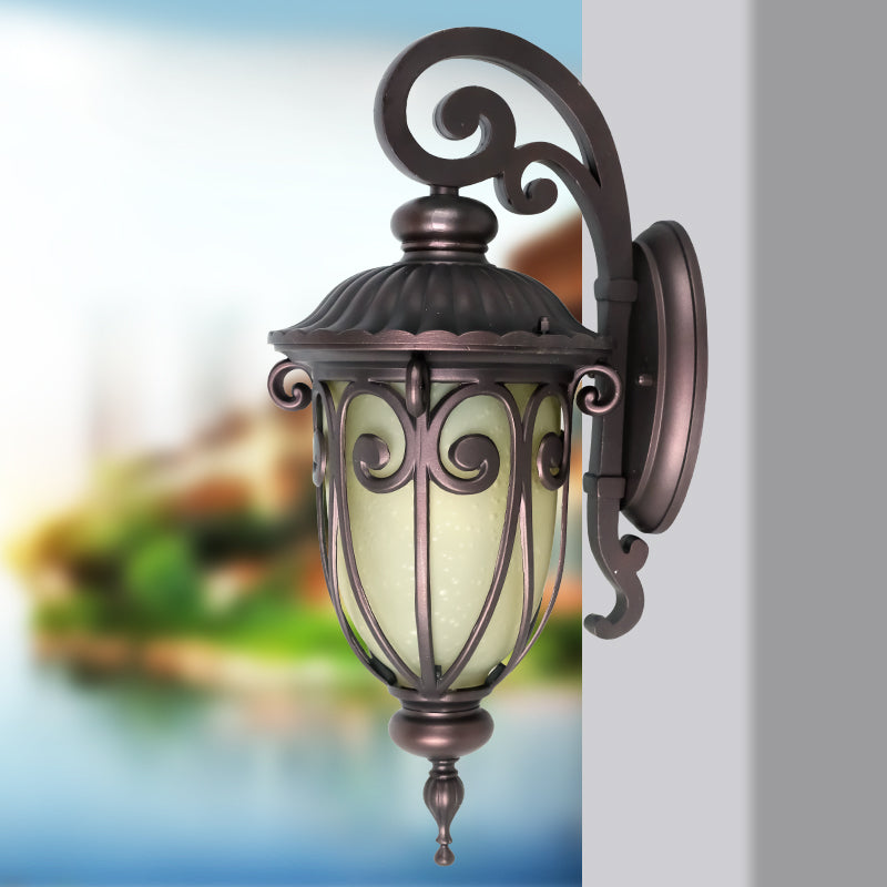 Dark Coffee 1 Light Sconce Lamp Countryside Frosted Glass Curved Arm Wall Light Fixture Dark Coffee Clearhalo 'Wall Lamps & Sconces' 'Wall Lights' Lighting' 820078