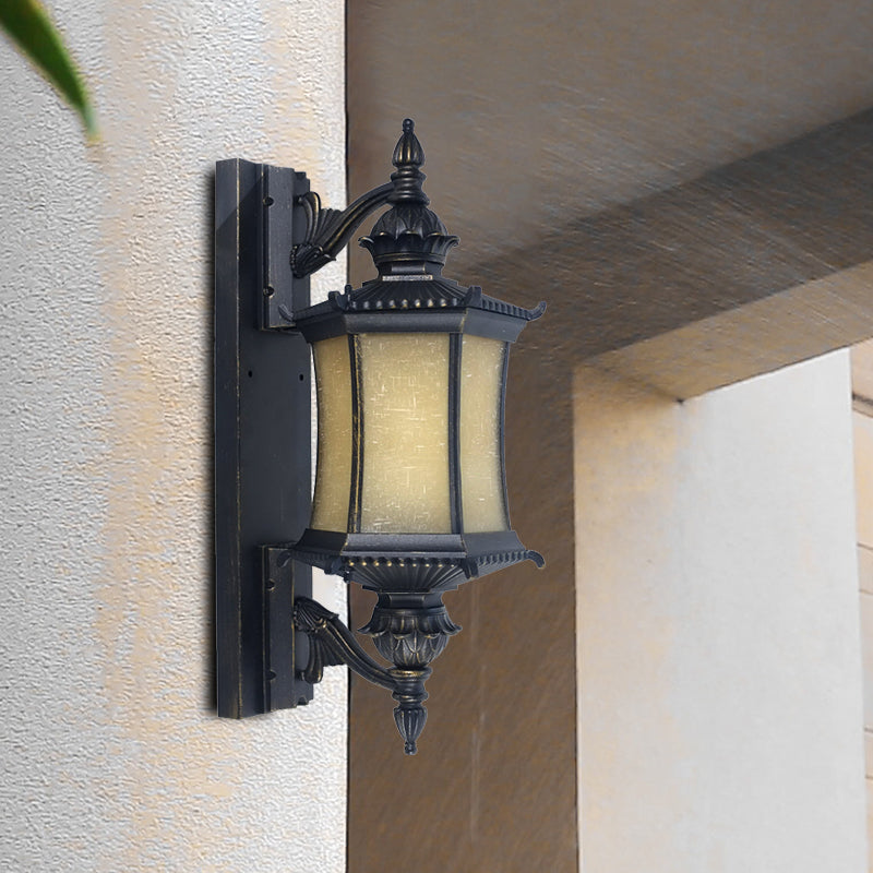 Countryside Lantern Wall Light Sconce 1-Head Frosted Glass Wall Mounted Lamp in Black for Yard Black Clearhalo 'Wall Lamps & Sconces' 'Wall Lights' Lighting' 820082