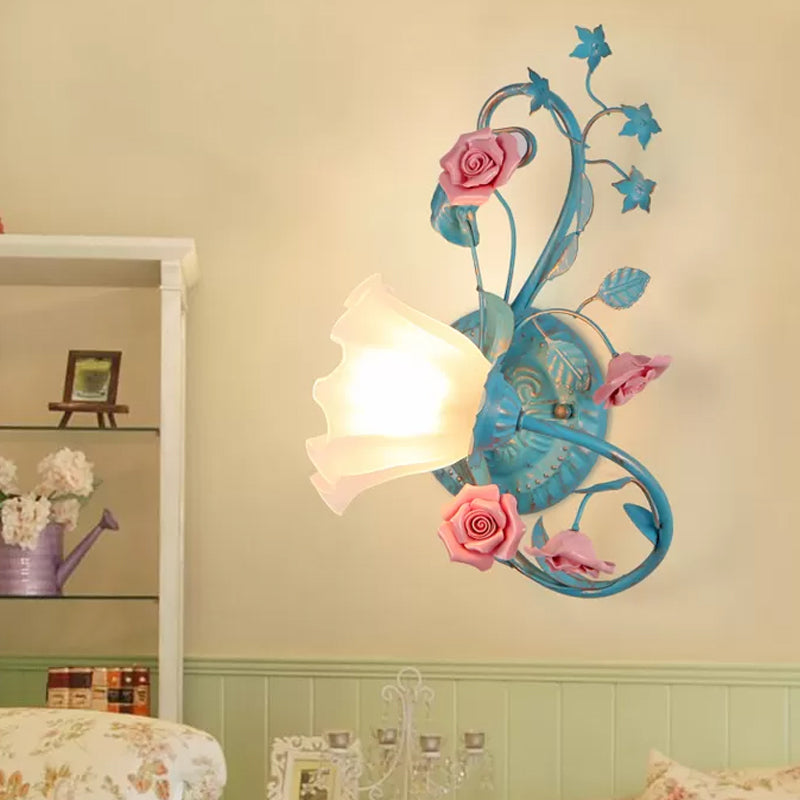 Single Opal Matte Glass Wall Lamp Pastoral Blue-Pink/Blue-White Scroll Flower Corner Sconce Light, Left/Right Blue-Pink Left Clearhalo 'Wall Lamps & Sconces' 'Wall Lights' Lighting' 820124