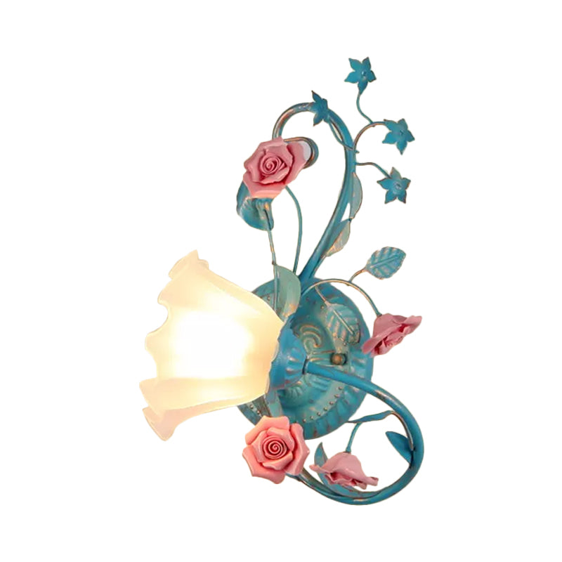 Single Opal Matte Glass Wall Lamp Pastoral Blue-Pink/Blue-White Scroll Flower Corner Sconce Light, Left/Right Clearhalo 'Wall Lamps & Sconces' 'Wall Lights' Lighting' 820125