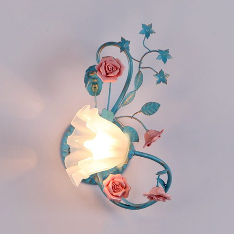 Single Opal Matte Glass Wall Lamp Pastoral Blue-Pink/Blue-White Scroll Flower Corner Sconce Light, Left/Right Clearhalo 'Wall Lamps & Sconces' 'Wall Lights' Lighting' 820126