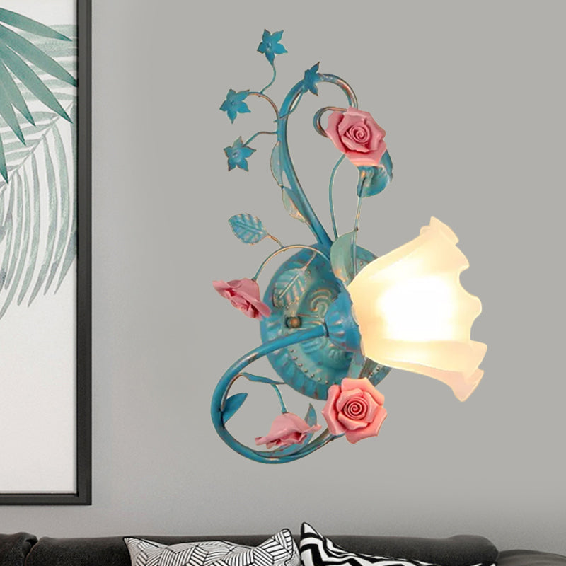 Single Opal Matte Glass Wall Lamp Pastoral Blue-Pink/Blue-White Scroll Flower Corner Sconce Light, Left/Right Blue-Pink Right Clearhalo 'Wall Lamps & Sconces' 'Wall Lights' Lighting' 820128