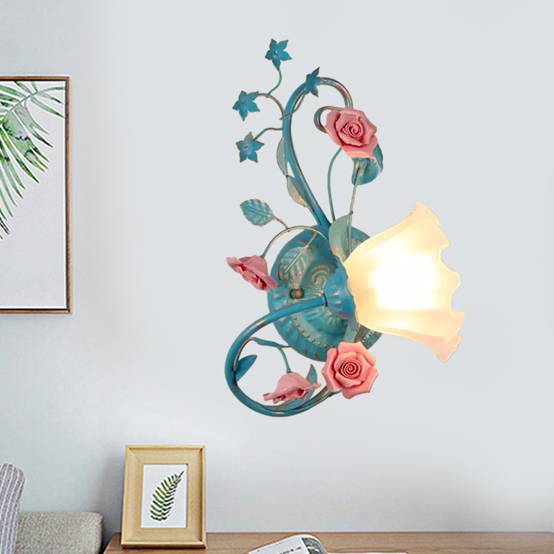 Single Opal Matte Glass Wall Lamp Pastoral Blue-Pink/Blue-White Scroll Flower Corner Sconce Light, Left/Right Clearhalo 'Wall Lamps & Sconces' 'Wall Lights' Lighting' 820129