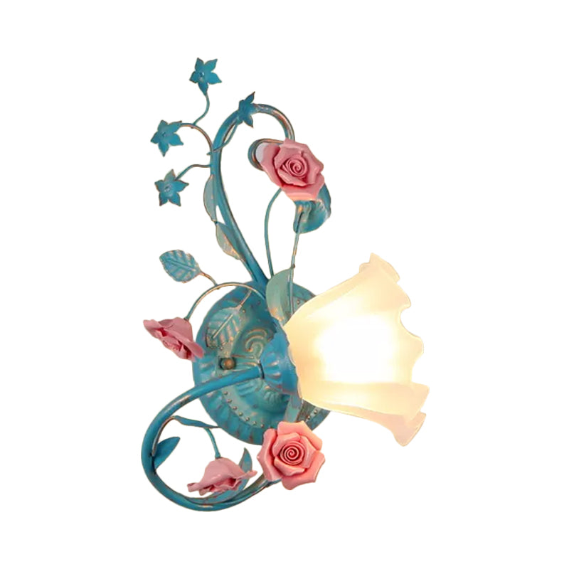 Single Opal Matte Glass Wall Lamp Pastoral Blue-Pink/Blue-White Scroll Flower Corner Sconce Light, Left/Right Clearhalo 'Wall Lamps & Sconces' 'Wall Lights' Lighting' 820130