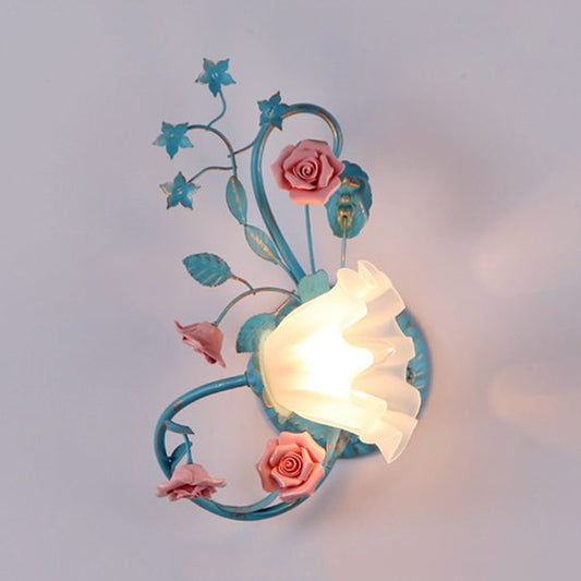 Single Opal Matte Glass Wall Lamp Pastoral Blue-Pink/Blue-White Scroll Flower Corner Sconce Light, Left/Right Clearhalo 'Wall Lamps & Sconces' 'Wall Lights' Lighting' 820131