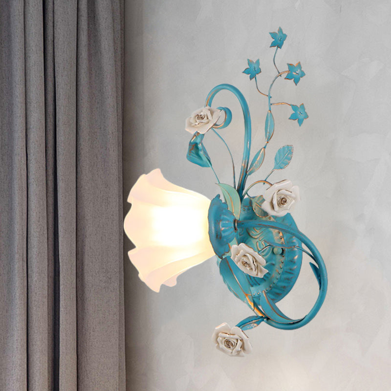 Single Opal Matte Glass Wall Lamp Pastoral Blue-Pink/Blue-White Scroll Flower Corner Sconce Light, Left/Right Blue-White Left Clearhalo 'Wall Lamps & Sconces' 'Wall Lights' Lighting' 820132