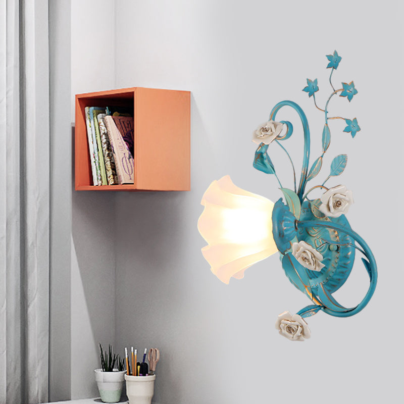 Single Opal Matte Glass Wall Lamp Pastoral Blue-Pink/Blue-White Scroll Flower Corner Sconce Light, Left/Right Clearhalo 'Wall Lamps & Sconces' 'Wall Lights' Lighting' 820133