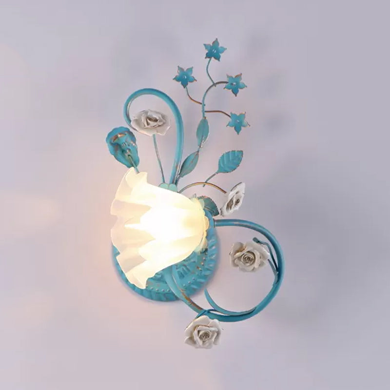 Single Opal Matte Glass Wall Lamp Pastoral Blue-Pink/Blue-White Scroll Flower Corner Sconce Light, Left/Right Clearhalo 'Wall Lamps & Sconces' 'Wall Lights' Lighting' 820135