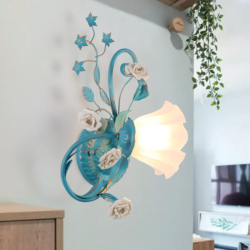 Single Opal Matte Glass Wall Lamp Pastoral Blue-Pink/Blue-White Scroll Flower Corner Sconce Light, Left/Right Blue-White Right Clearhalo 'Wall Lamps & Sconces' 'Wall Lights' Lighting' 820136