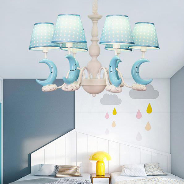 Bedroom Tapered Shade Hanging Lamp with Crescent Metal Cartoon Blue Chandelier 5 Blue Clearhalo 'Ceiling Lights' 'Chandeliers' Lighting' options 82150_419dfa3b-4a03-42c5-aae3-459b48d0f520