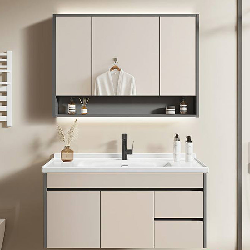 Contemporary Bathroom Sink Vanity Wall Mount Open Shelf with Soft Close Door Bathroom Vanity & Liftable Pull Out Faucet & Mirror Cabinet 35.8"L x 18.5"W x 18.9"H Clearhalo 'Bathroom Remodel & Bathroom Fixtures' 'Bathroom Vanities' 'bathroom_vanities' 'Home Improvement' 'home_improvement' 'home_improvement_bathroom_vanities' 8215922