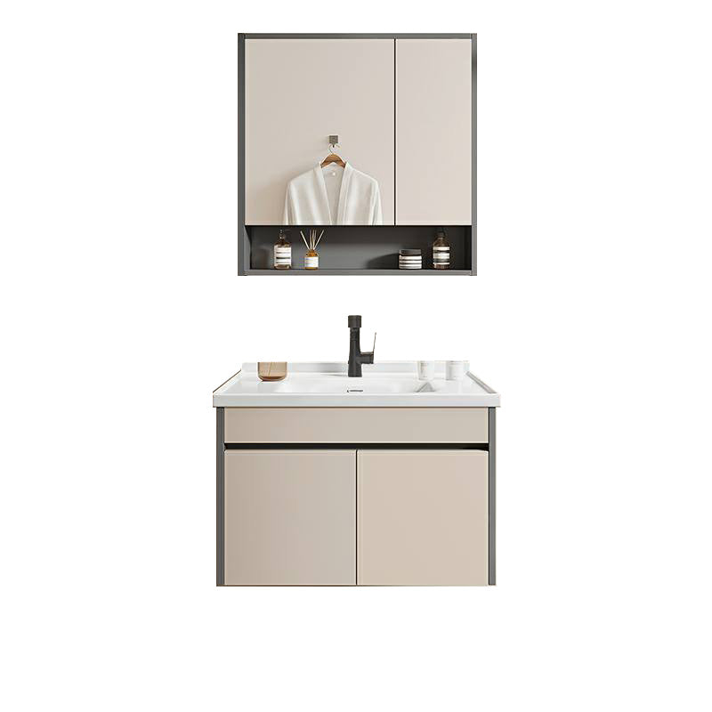 Contemporary Bathroom Sink Vanity Wall Mount Open Shelf with Soft Close Door Bathroom Vanity & Liftable Pull Out Faucet & Mirror Cabinet 24"L x 19"W x 16"H Clearhalo 'Bathroom Remodel & Bathroom Fixtures' 'Bathroom Vanities' 'bathroom_vanities' 'Home Improvement' 'home_improvement' 'home_improvement_bathroom_vanities' 8215924