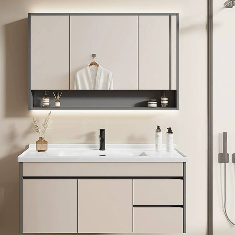Contemporary Bathroom Sink Vanity Wall Mount Open Shelf with Soft Close Door Bathroom Vanity & Pull Out Faucet & Mirror Cabinet 39.8"L x 18.5"W x 18.9"H Clearhalo 'Bathroom Remodel & Bathroom Fixtures' 'Bathroom Vanities' 'bathroom_vanities' 'Home Improvement' 'home_improvement' 'home_improvement_bathroom_vanities' 8215926