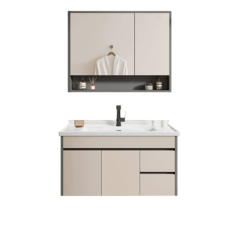Contemporary Bathroom Sink Vanity Wall Mount Open Shelf with Soft Close Door Bathroom Vanity & Liftable Pull Out Faucet & Mirror Cabinet 32"L x 19"W x 16"H Clearhalo 'Bathroom Remodel & Bathroom Fixtures' 'Bathroom Vanities' 'bathroom_vanities' 'Home Improvement' 'home_improvement' 'home_improvement_bathroom_vanities' 8215932