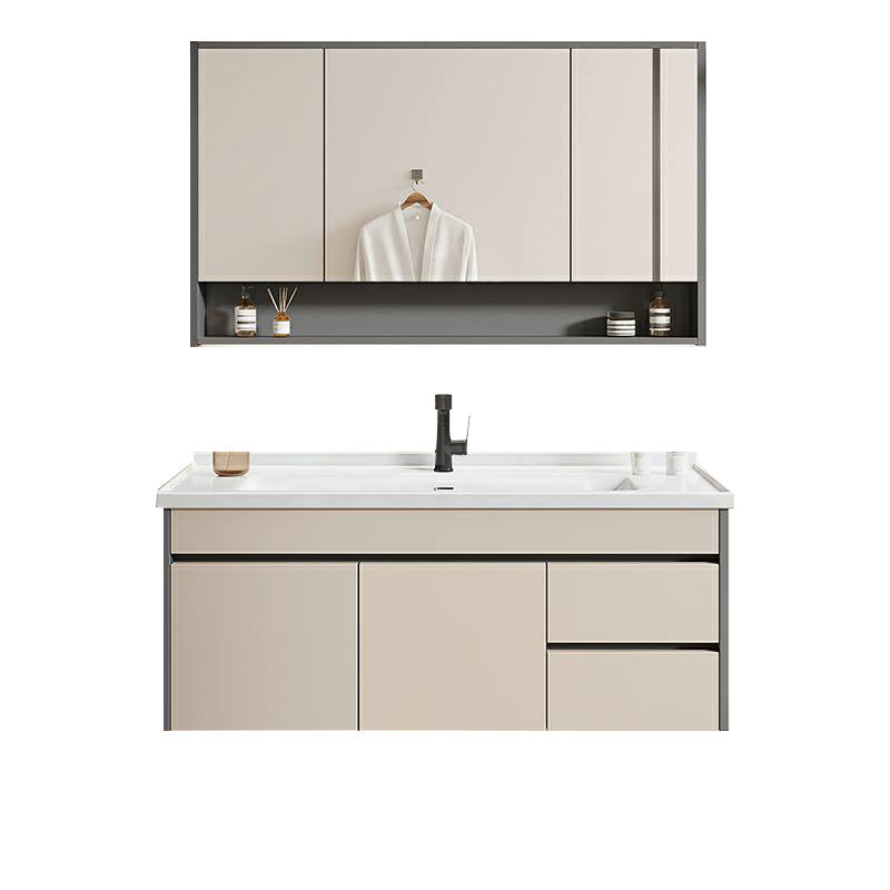 Contemporary Bathroom Sink Vanity Wall Mount Open Shelf with Soft Close Door Bathroom Vanity & Liftable Pull Out Faucet & Mirror Cabinet 48"L x 19"W x 19"H Clearhalo 'Bathroom Remodel & Bathroom Fixtures' 'Bathroom Vanities' 'bathroom_vanities' 'Home Improvement' 'home_improvement' 'home_improvement_bathroom_vanities' 8215934