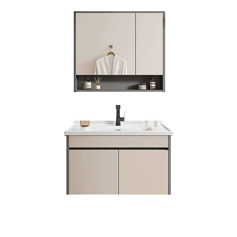 Contemporary Bathroom Sink Vanity Wall Mount Open Shelf with Soft Close Door Bathroom Vanity & Liftable Pull Out Faucet & Mirror Cabinet 28"L x 19"W x 16"H Clearhalo 'Bathroom Remodel & Bathroom Fixtures' 'Bathroom Vanities' 'bathroom_vanities' 'Home Improvement' 'home_improvement' 'home_improvement_bathroom_vanities' 8215936