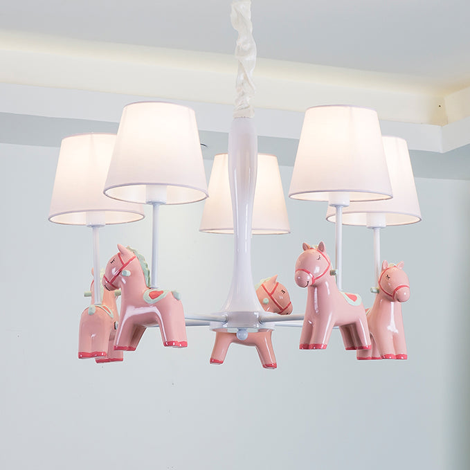 Nordic Tapered Shade Hanging Ceiling Lamp with Horse Fabric Chandelier for Living Room 5 Pink Clearhalo 'Ceiling Lights' 'Chandeliers' Lighting' options 82465_8c0410af-7c0a-4c1c-b540-1ccdec52e52a