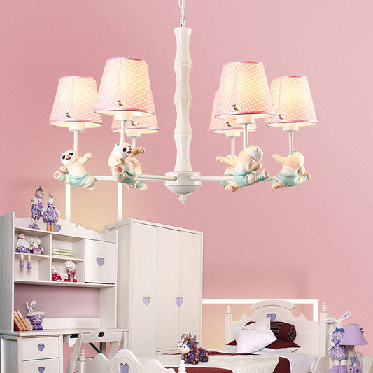 Kindergarten Tapered Shade Suspension Light Fabric and Metal Panda Chandelier in Blue/Pink Clearhalo 'Ceiling Lights' 'Chandeliers' Lighting' options 82622