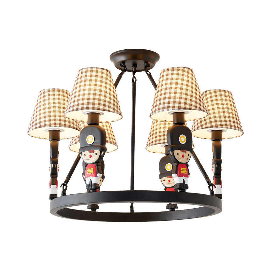 Brown Fabric Tapered Chandelier with Cartoon Man 6 Lights Kids Hanging Lamp Fixture for Bedroom Clearhalo 'Ceiling Lights' 'Chandeliers' Lighting' options 82669