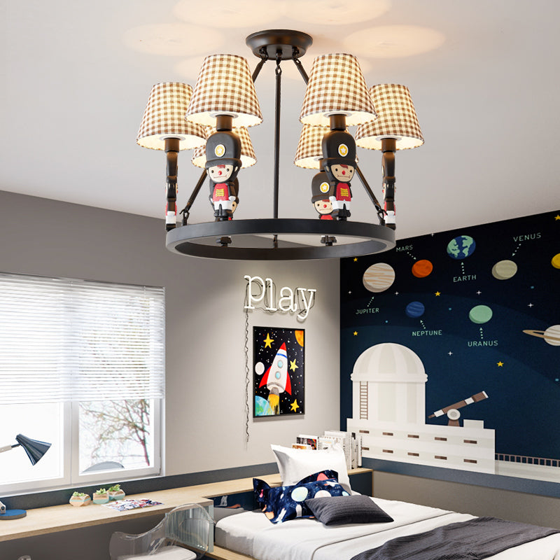 Brown Fabric Tapered Chandelier with Cartoon Man 6 Lights Kids Hanging Lamp Fixture for Bedroom Clearhalo 'Ceiling Lights' 'Chandeliers' Lighting' options 82670
