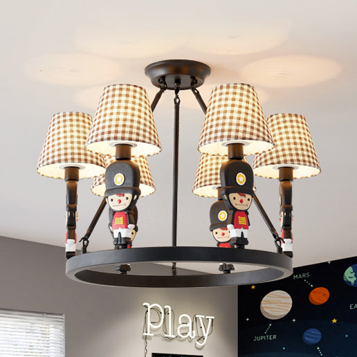Brown Fabric Tapered Chandelier with Cartoon Man 6 Lights Kids Hanging Lamp Fixture for Bedroom Clearhalo 'Ceiling Lights' 'Chandeliers' Lighting' options 82671